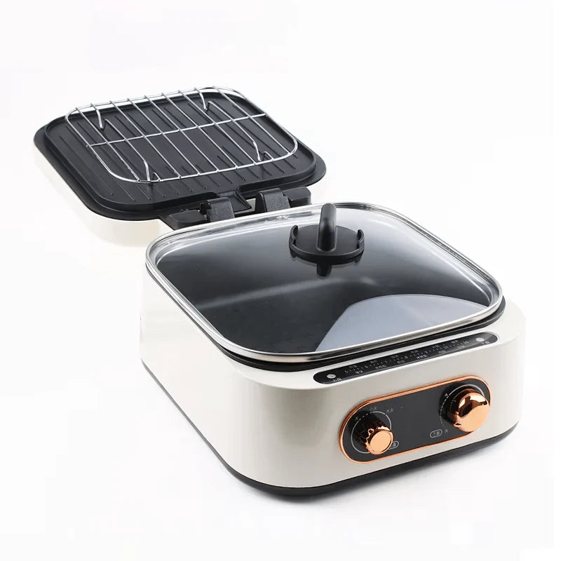 3-in-1 Electric Hot Pot Grill, 1800W Multi-Function Cooker with Non-stick Coating, Double Pan Design, White
