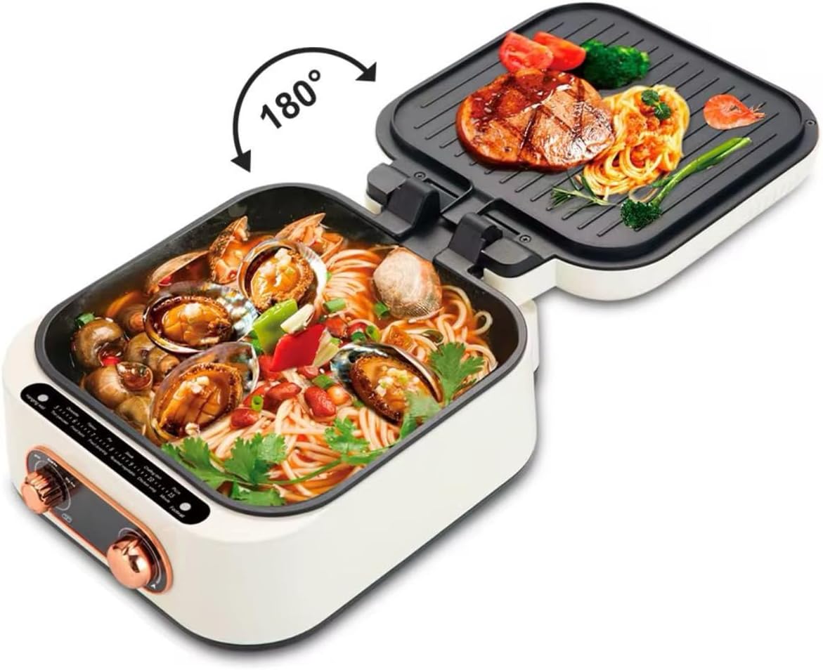 3-in-1 Electric Hot Pot Grill, 1800W Multi-Function Cooker with Non-stick Coating, Double Pan Design, White