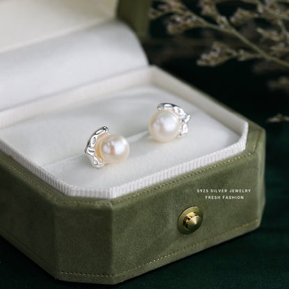S925 Sterling Silver Lava Texture Pearl Stud Earrings For Women